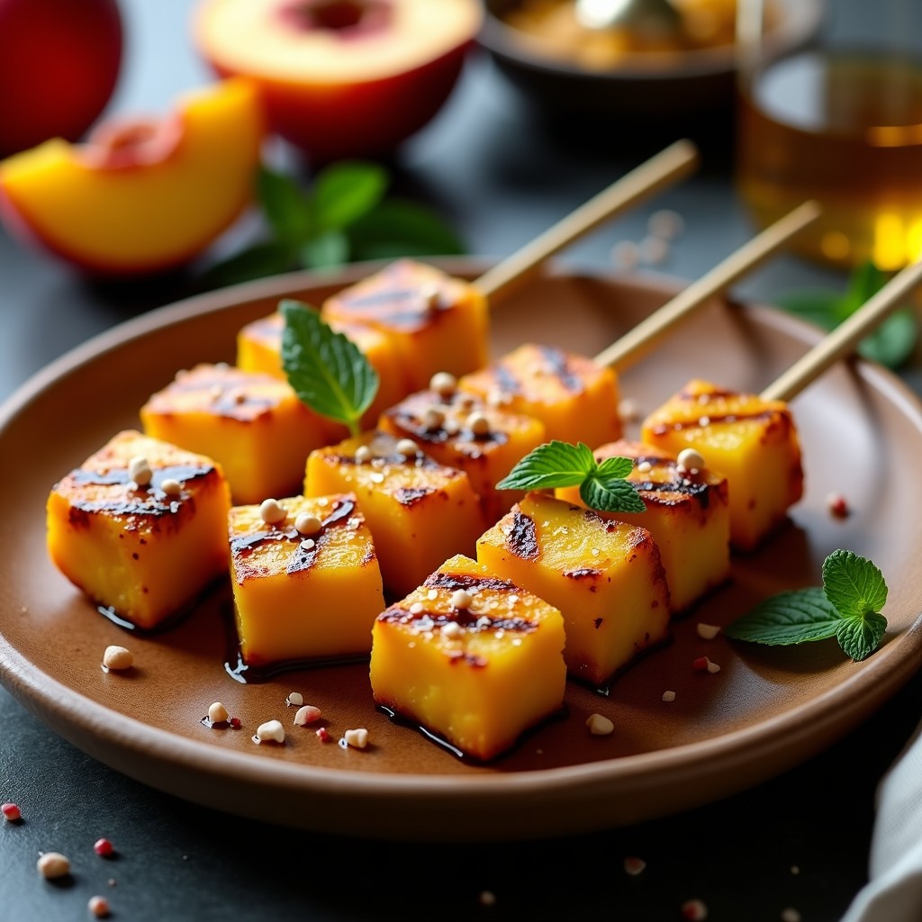 Brochetas de queso Halloumi dorado y melocotón a la plancha con marcas de parrilla, decoradas con miel de azahar, pimienta de Alepo y hojas de menta fresca sobre un plato de madera rústico.