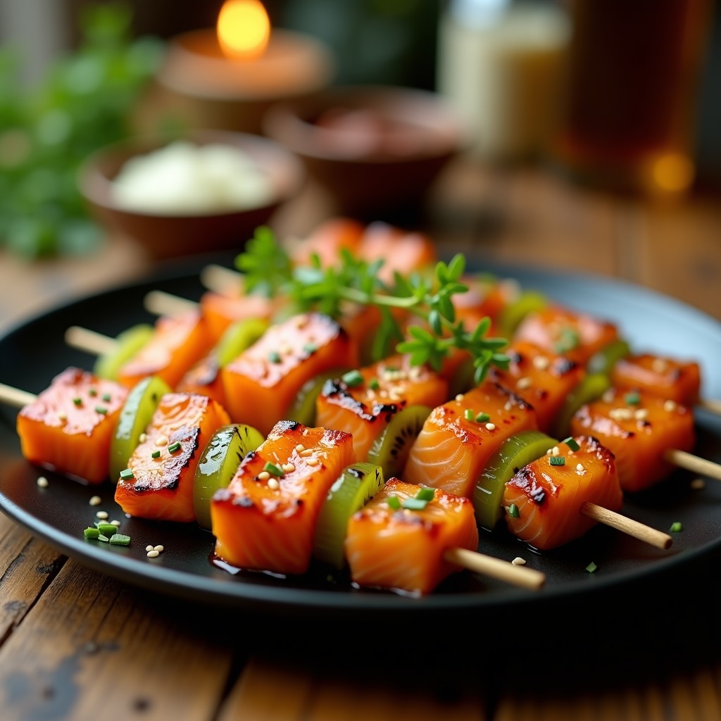 Brochetas doradas de salmón ahumado y kiwi caramelizado en airfryer, con glaseado brillante de miel y jengibre, decoradas con semillas de sésamo y cebollino picado, sobre un plato negro con fondo de madera rústica.