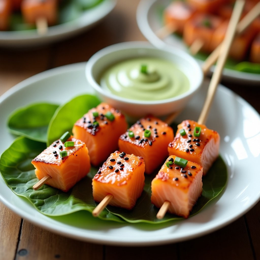 Brochetas de salmón rosado y endivias blancas con semillas de sésamo negro, servidas sobre hojas de endivias crudas con salsa de wasabi cremosa al lado. Plato bajo en calorías cocinado en airfryer.