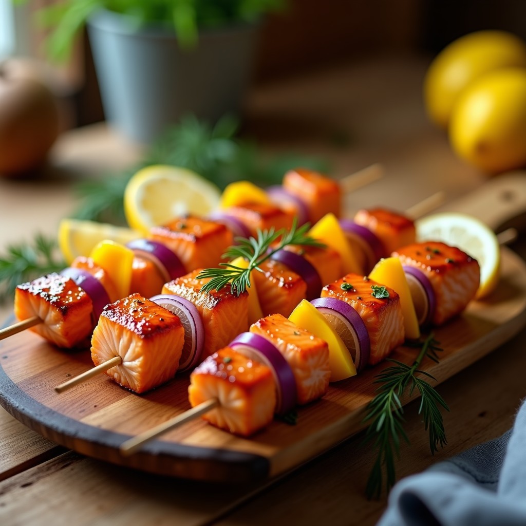 Brochetas de salmón marinado con limón y eneldo en airfryer, doradas y jugosas, con rodajas de cebolla morada y pimiento amarillo. Plato nórdico saludable servido sobre tabla de madera con limón y eneldo fresco.