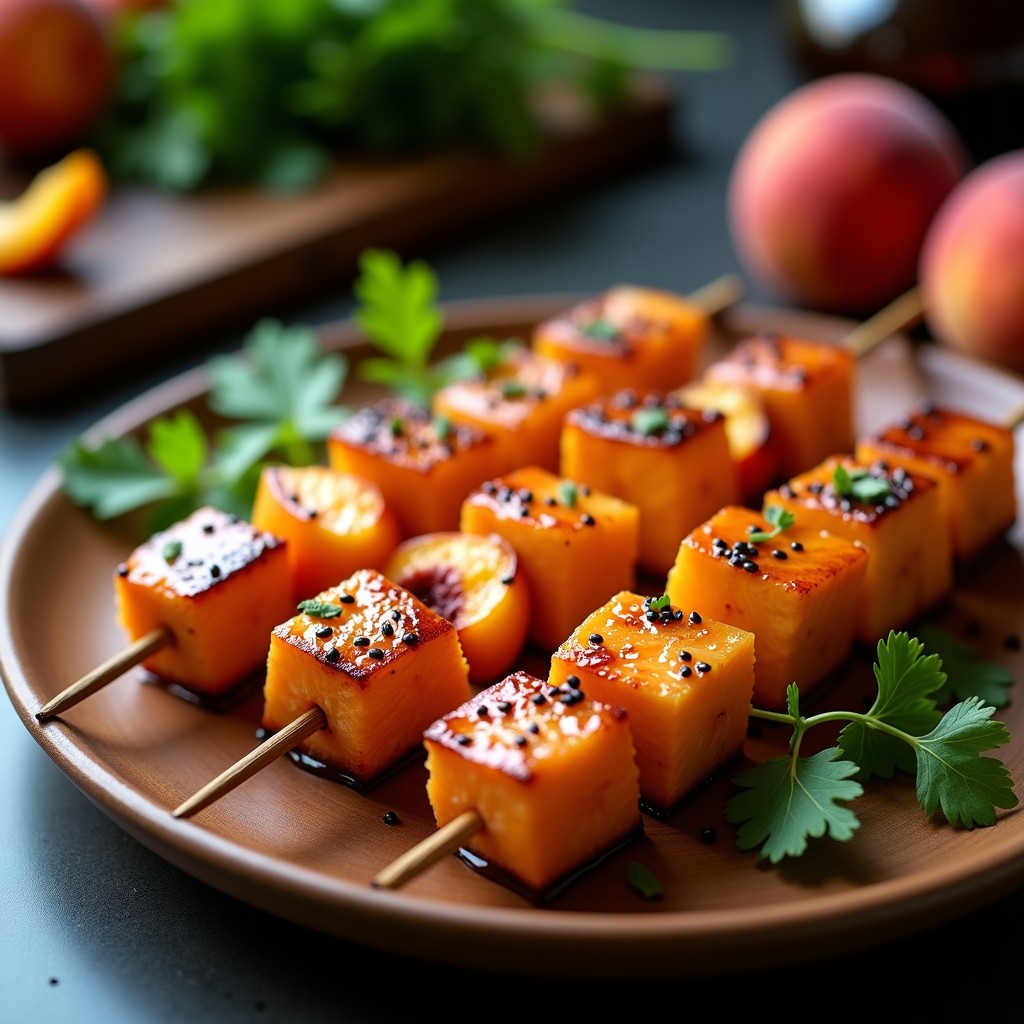 Brochetas de salmón y melocotón al grill con glaseado brillante de miel y sésamo, servidas en plato de madera rústico con semillas de sésamo negro y hojas de cilantro fresco.