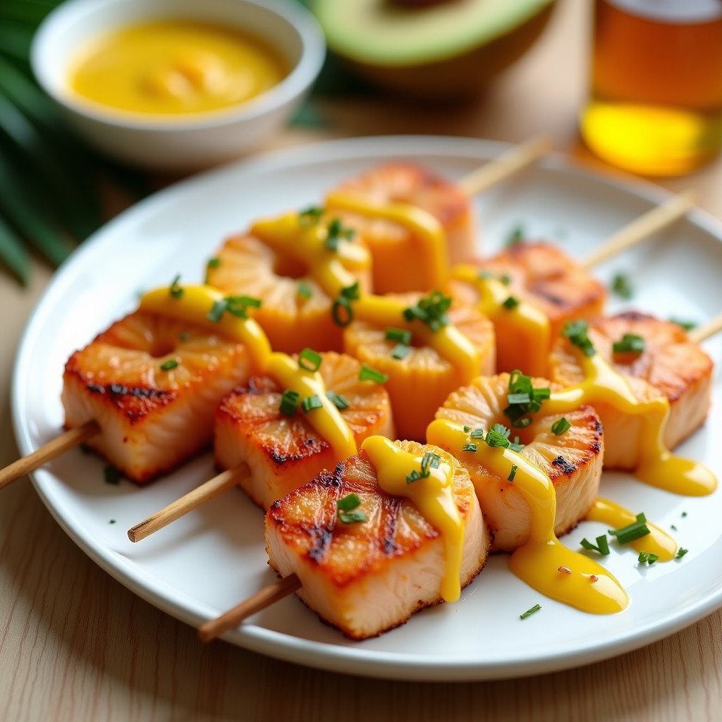 Brochetas de salmón y piña doradas en airfryer, servidas en plato blanco con salsa de maracuyá amarilla vibrante, decoradas con cilantro fresco y semillas de sésamo. Receta tropical y saludable.
