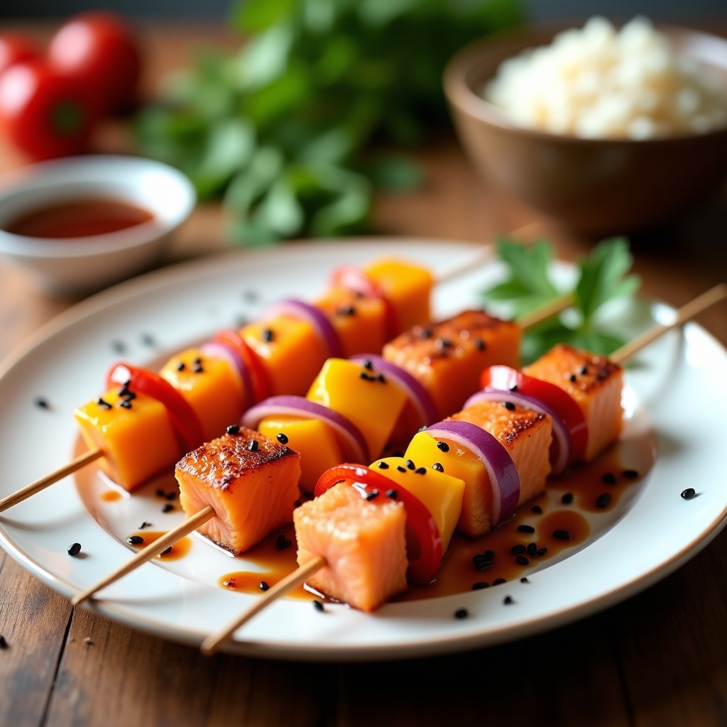 Brochetas de salmón teriyaki y mango en olla express, con trozos dorados de salmón, mango brillante y semillas de sésamo negro, servidas sobre un plato de cerámica blanca con salsa teriyaki espesa y cebolla morada en juliana.