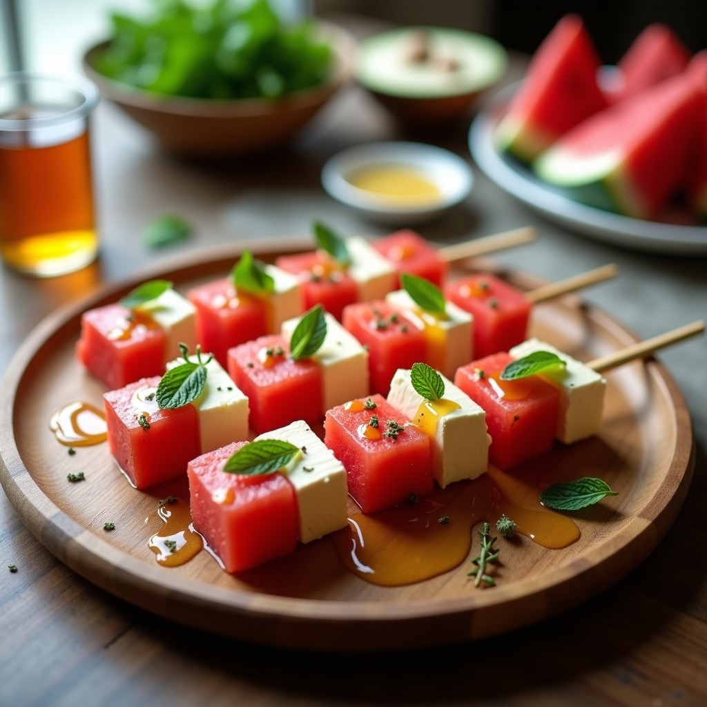 Brochetas de sandía y queso feta en palillos de madera, bañadas con miel de tomillo y decoradas con hojas de menta fresca. Plato blanco sobre fondo rústico de madera con luz natural.