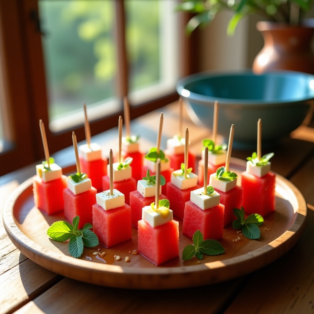 Brochetas de Sandía y Feta con Vinagreta de Menta servidas en una fuente de madera rústica, con cubos de sandía roja jugosa y queso feta blanco en palillos de madera, bañadas en una vinagreta verde brillante de menta, decoradas con hojas frescas de menta y un hilo de miel dorada.