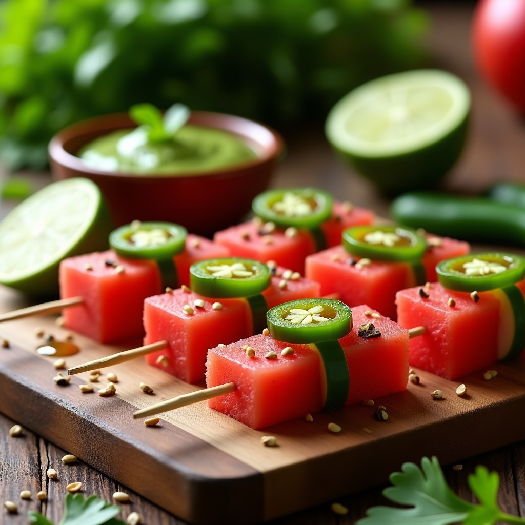 Brochetas de sandía y jalapeño con salsa de cilantro en bandeja de madera rústica, aperitivo mexicano picante y refrescante con fondo de hojas de cilantro y rodajas de limón.