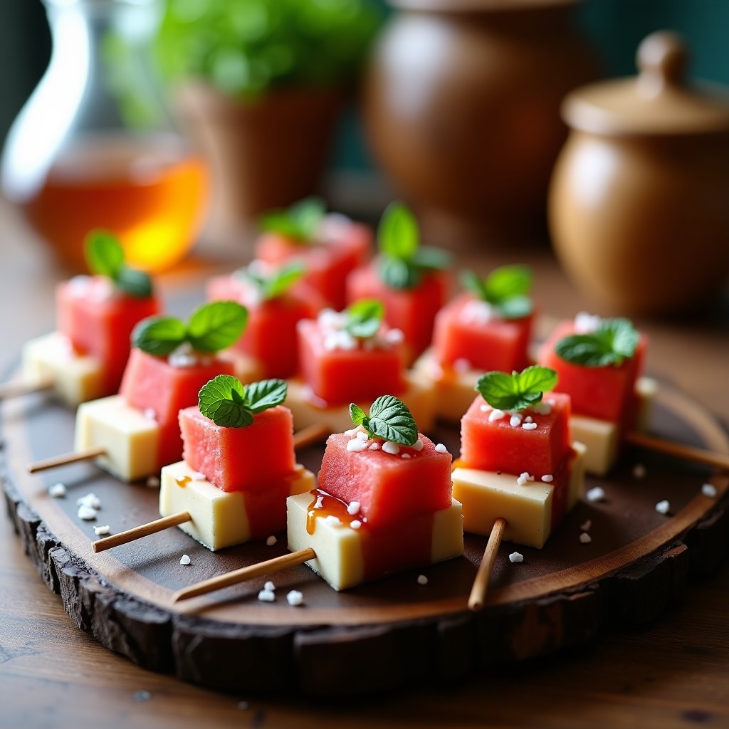 Brochetas de Sandía y Queso de Cabra con Miel de Trufa: Aperitivo Sofisticado en 10 Minutos