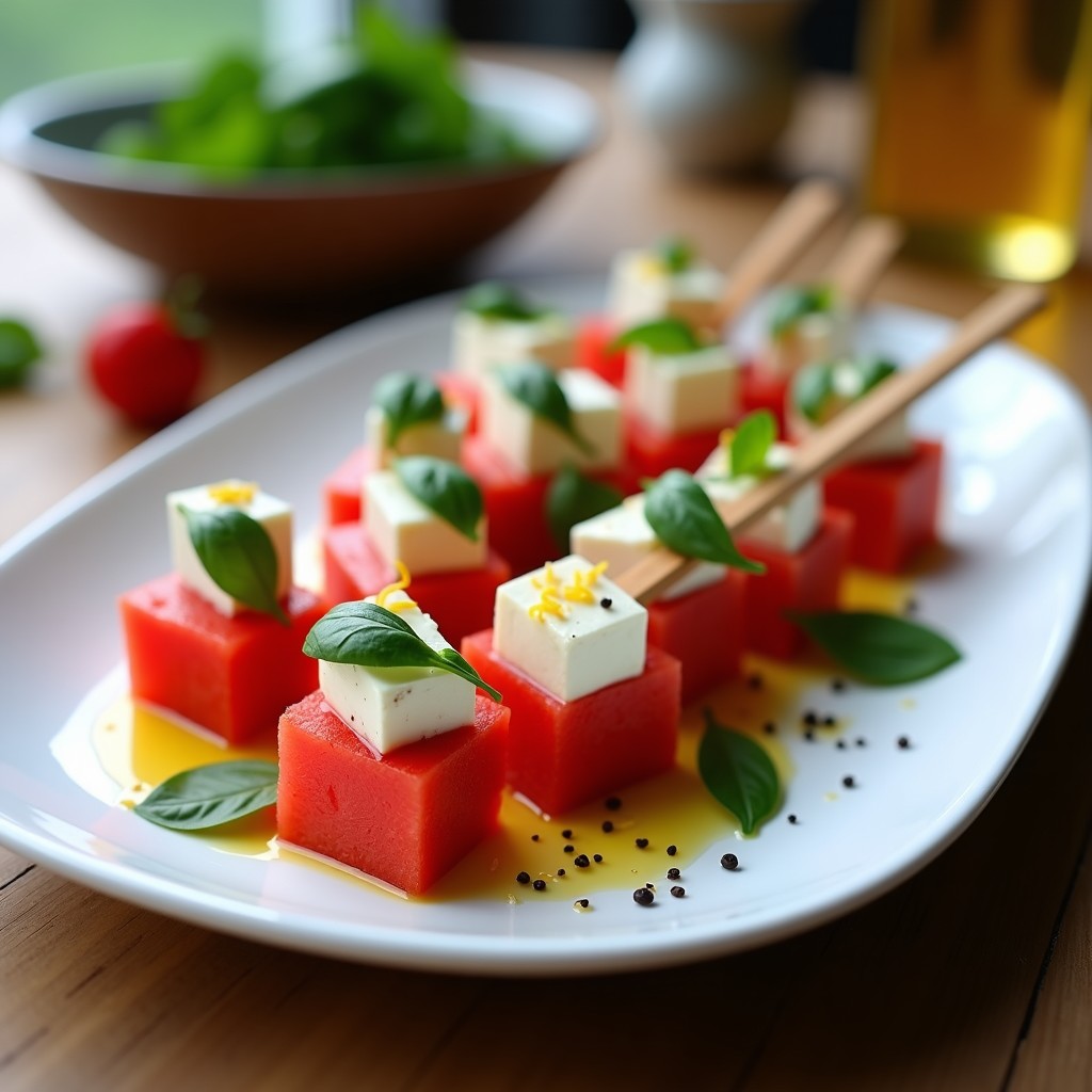 Brochetas de sandía y queso feta con hojas de albahaca, postre griego saludable en palillos de madera, con vinagreta de miel y sésamo, servidas en bandeja blanca sobre fondo rústico.