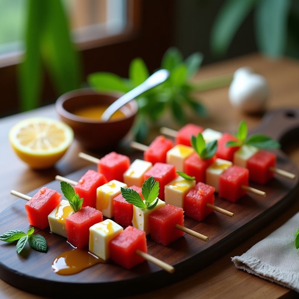 Brochetas de sandía y queso feta con reducción de miel y limón sobre una bandeja de madera oscura, decoradas con hojas de menta fresca y un hilo dorado de reducción brillo. Entrante veraniego sin gluten, fresco y elegante.