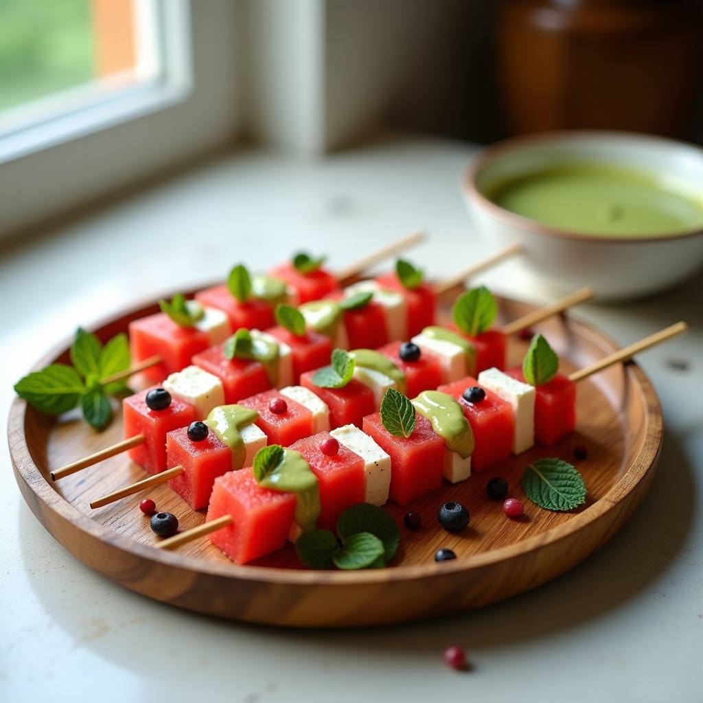 Brochetas de Sandía y Queso Feta con Salsa de Menta y Pimienta Rosa: Entrante Fresco en 10 Minutos
