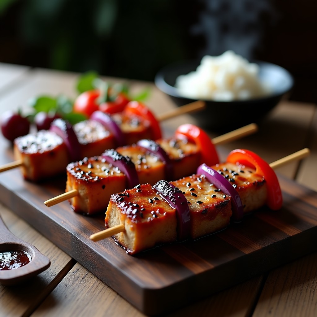 Brochetas de solomillo de cerdo marinado en sake y jengibre, doradas y jugosas, con trozos de cebolla morada y pimiento rojo asado, espolvoreadas con semillas de sésamo negro. Plato japonés en airfryer alto en proteína, servido sobre una tabla de madera rústica con fondo oscuro.
