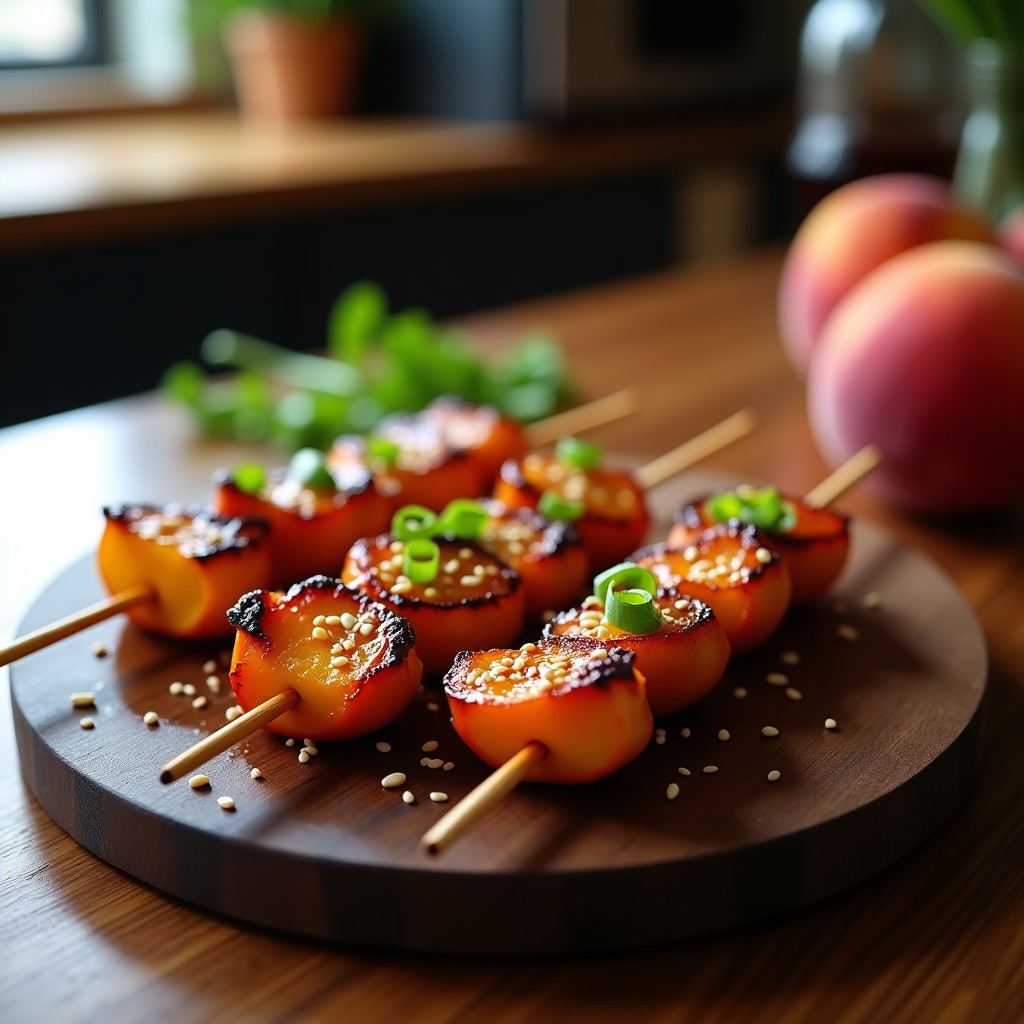 Brochetas de solomillo de cerdo y melocotón doradas en airfryer, glaseadas con miel y sojas, espolvoreadas con semillas de sésamo y cebollino fresco, servidas sobre un plato negro con fondo de madera rústica.