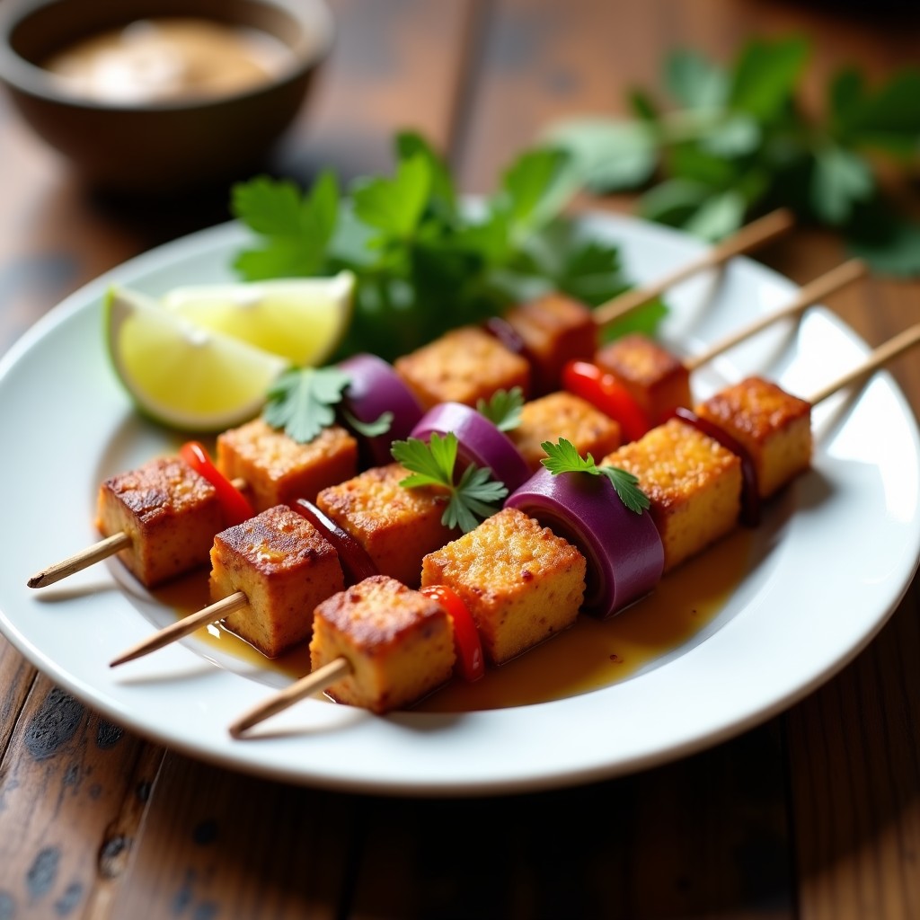Brochetas de tempeh dorado marinado en adobo filipino, servidas en un plato blanco con rodajas de cebolla morada y pimiento rojo, acompañadas de limón y cilantro fresco. Receta en airfryer alta en proteína.