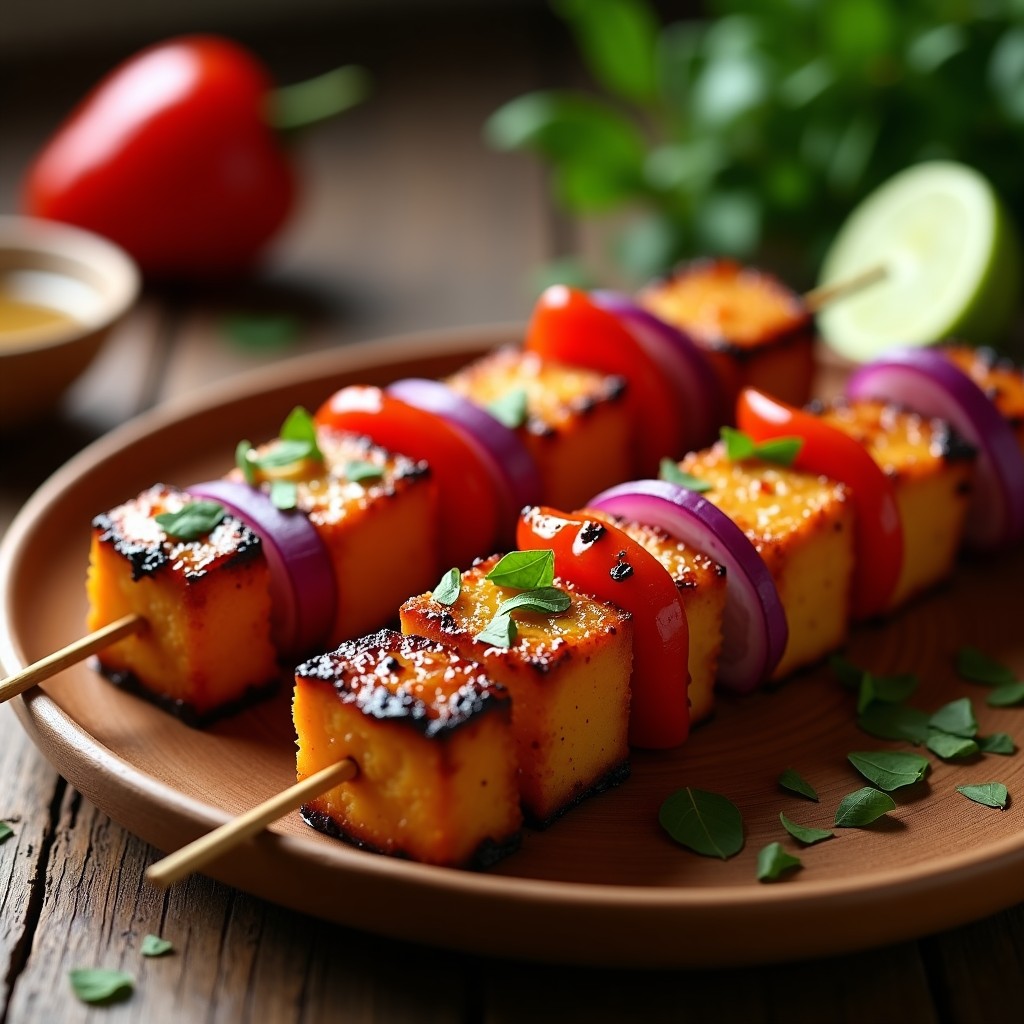 Brochetas de tempeh dorado al grill con trozos de pimiento rojo y cebolla morada, glaseadas con miel de agave y decoradas con semillas de sésamo negro sobre un plato de madera rústico. Receta vegana al grill con limón kaffir.