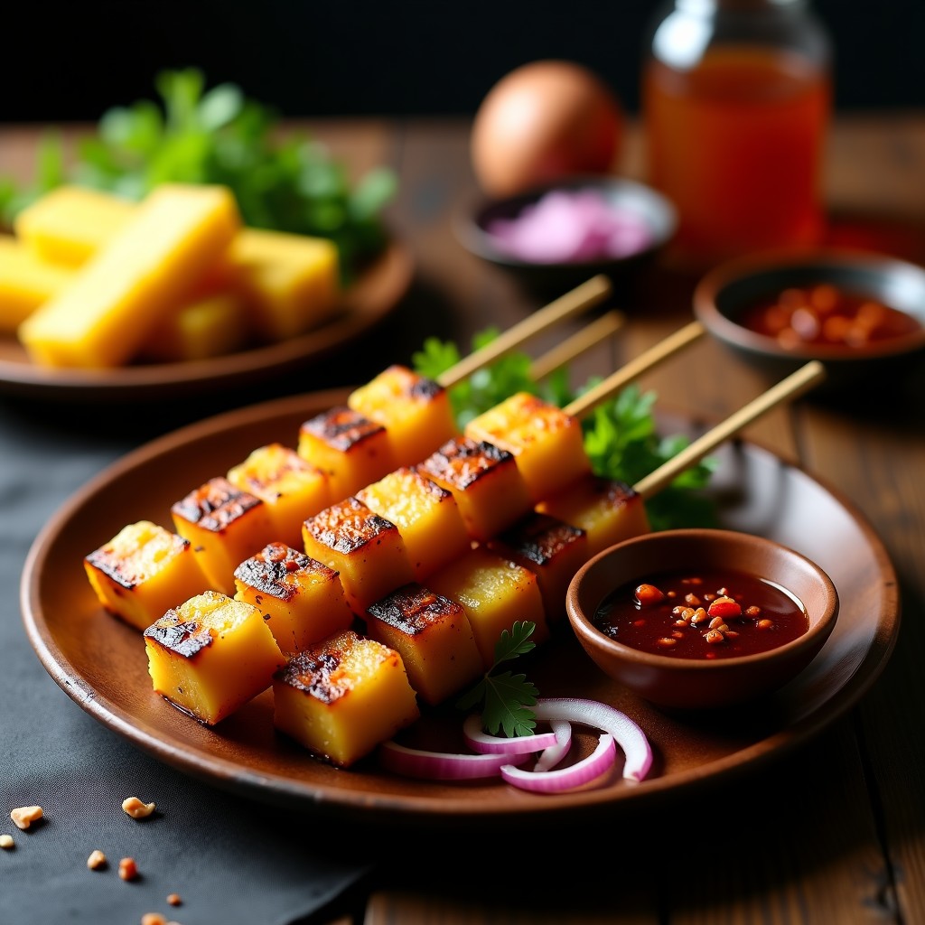 Brochetas doradas de tempeh marinado y piña asada en palillos de madera, servidas sobre plato de cerámica blanca con salsa de tamarindo espesa y semillas de sésamo. Decoración con hojas de cilantro y rodajas de lima al fondo.