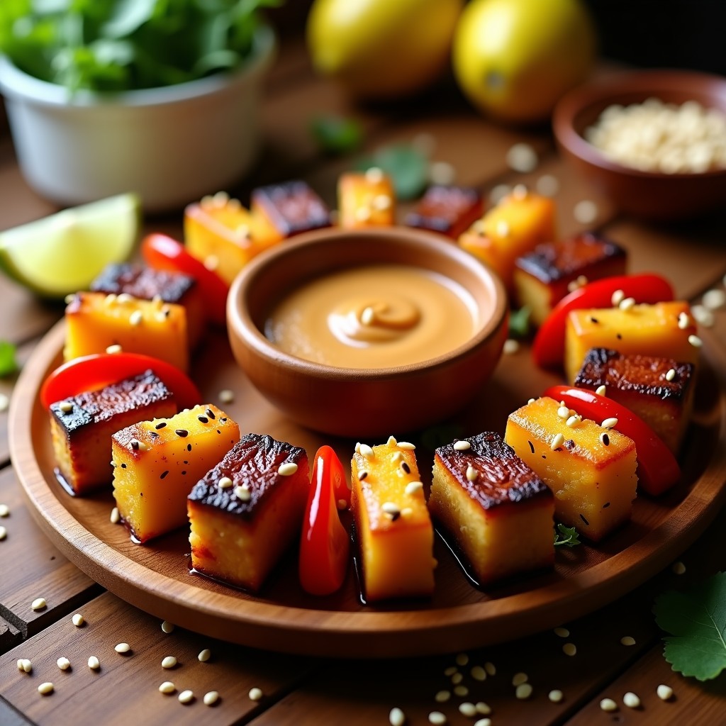 Brochetas doradas de tempeh marinado en salsa peanut y trozos de piña caramelizada, servidas en un plato de madera con semillas de sésamo y salsa peanut como dip, receta vegana en airfryer.