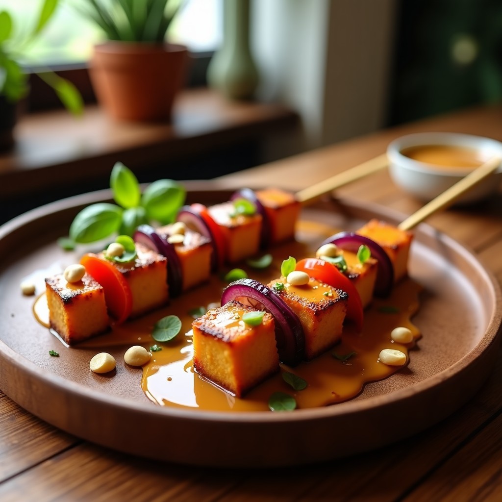 Brochetas doradas de tempeh marinado con trozos de cebolla morada y pimiento rojo, glaseadas con salsa satay de cacahuete cremosa y espolvoreadas con semillas de sésamo, servidas sobre un plato de cerámica negra con hierbas frescas y rodajas de limón kaffir al fondo. Receta indonesia vegana en airfryer.