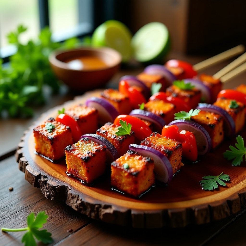 Brochetas de tempeh marinado en tamarindo y chile en airfryer, con trozos dorados de tempeh, cebolla morada y pimiento rojo, dispuestas en un plato de madera con limón y hierbas frescas al fondo. Receta indonesia vegana sin aceite.