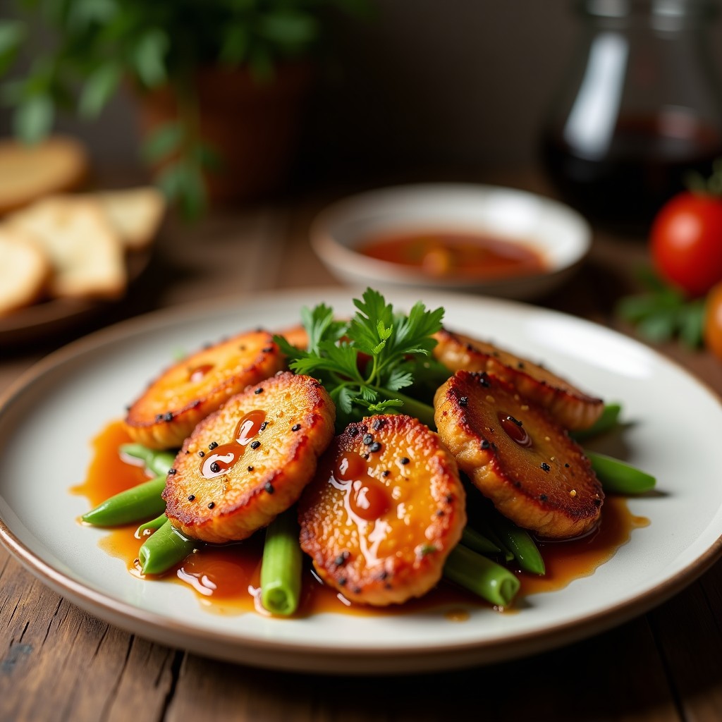 Brochetas doradas de tempeh y verduras asadas en airfryer, bañadas en salsa teriyaki brillante, servidas sobre una tabla de madera con un bol de salsa de sésamo cremosa y semillas de sésamo espolvoreadas. Receta vegana alta en proteína.