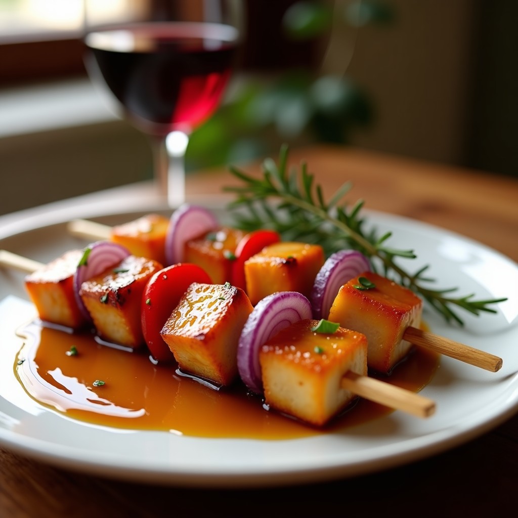 Brochetas de tempranillo y riscos doradas a la plancha, con trozos de cebolla morada y pimiento rojo, bañadas en un glaseado brillante de miel y soja, servidas en un plato rústico de cerámica con perejil fresco espolvoreado y rodajas de limón al lado.