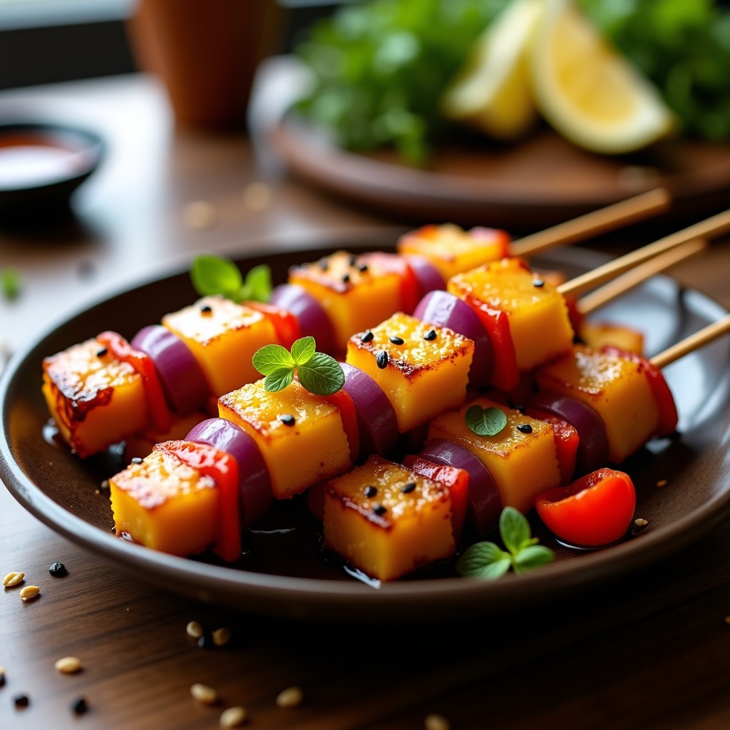 Brochetas de teriyaki de seitán y ananás en airfryer, con trozos dorados de seitán, ananás caramelizado, cebolla morada y pimiento rojo, servidas en un plato de madera oscuro con semillas de sésamo y salsa teriyaki brillante.