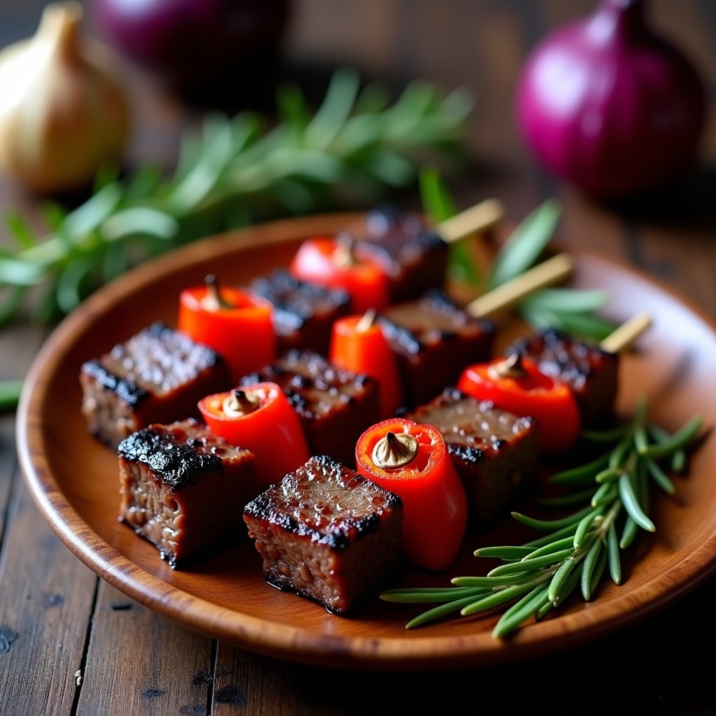 Brochetas de ternera doradas con trozos de pimiento rojo y cebolla morada, marinadas en ajo negro y romero, servidas en un plato rústico de madera con hojas de romero fresco como decoración. Receta keto en airfryer.