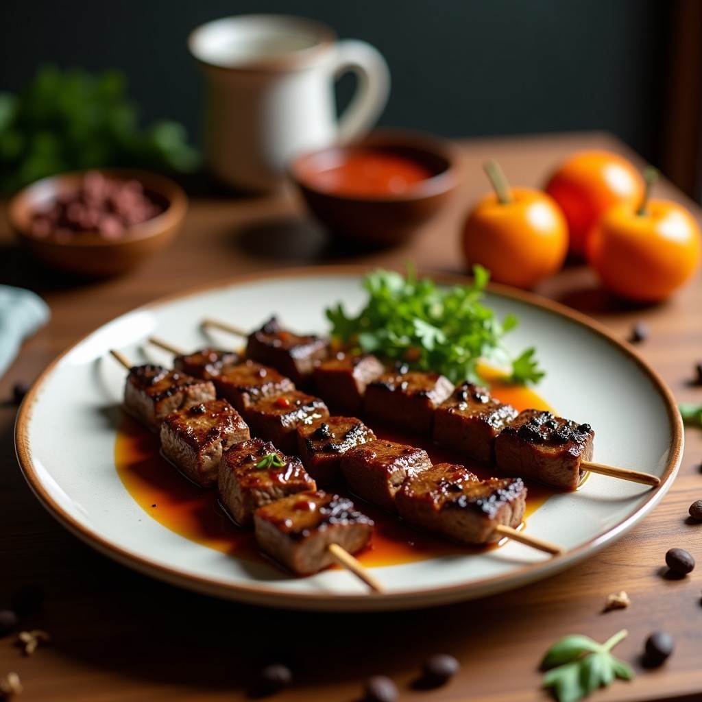 Brochetas de ternera doradas y jugosas marinadas en café y especias, con trozos de cebolla morada, pimiento rojo y champiñones portobello, cocinadas en airfryer con un toque ahumado argentino, servidas en plato de madera rústico.
