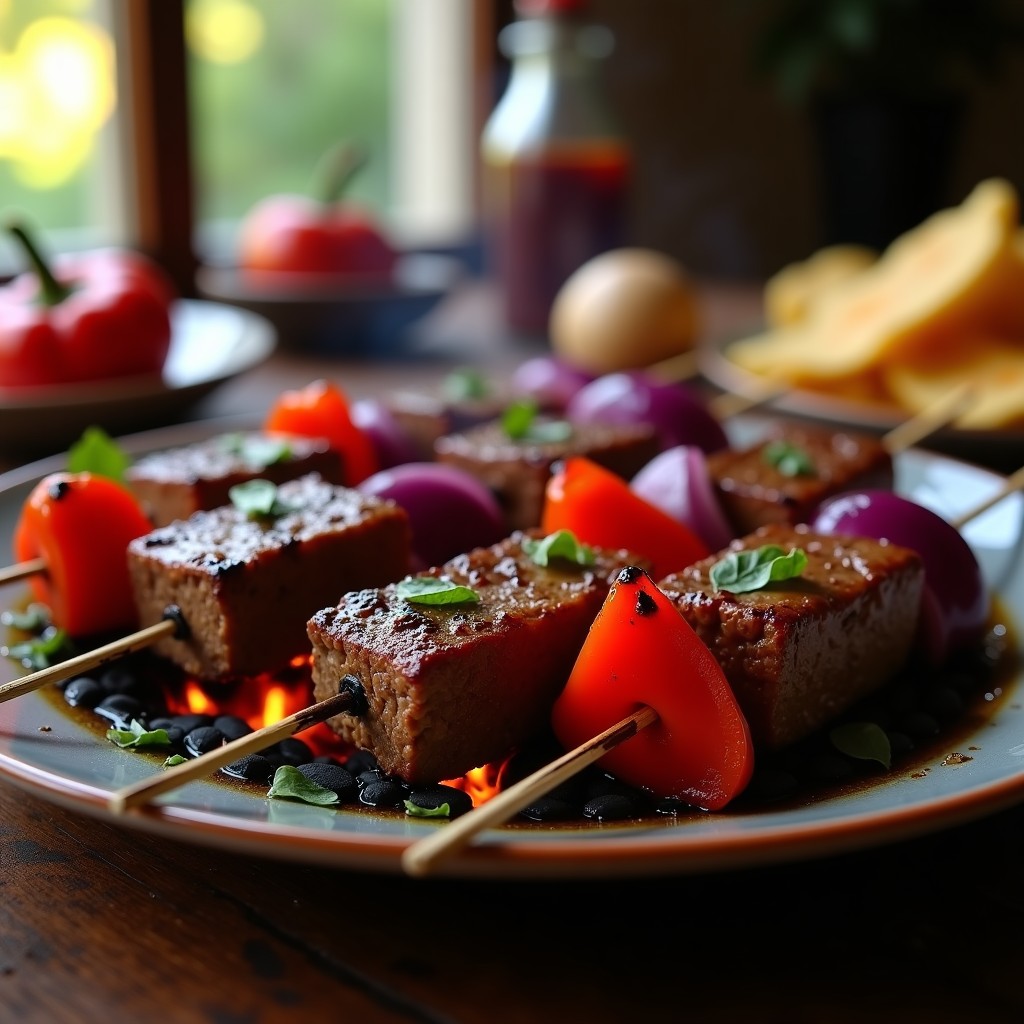 Brochetas de ternera marinada en café y especias asándose en una barbacoa, con trozos dorados de carne, pimiento rojo y cebolla morada. Plato típico colombiano con fondo de brasas y humo.