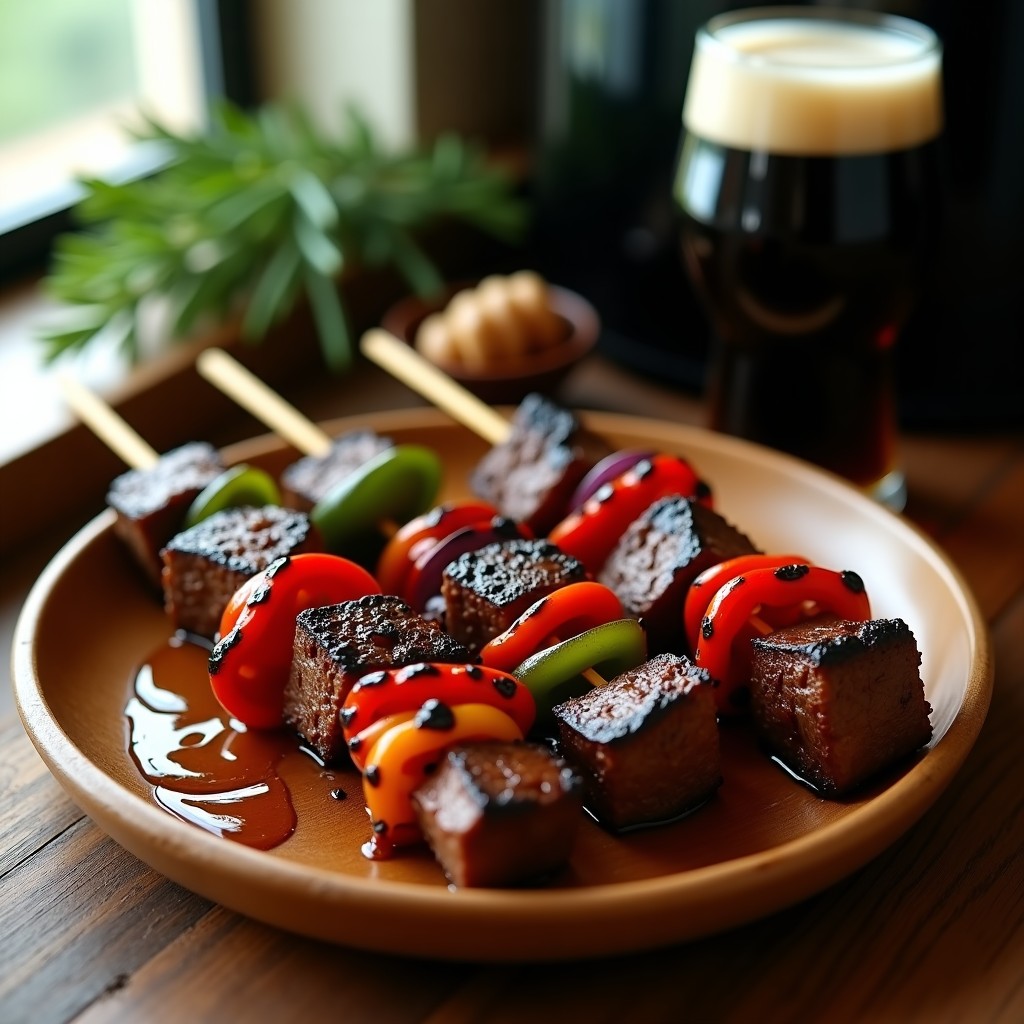 Brochetas de ternera marinada en cerveza negra con trozos de pimiento rojo y cebolla morada, doradas y humeantes en una airfryer, acompañadas de chimichurri verde brillante sobre un plato de madera rústico.