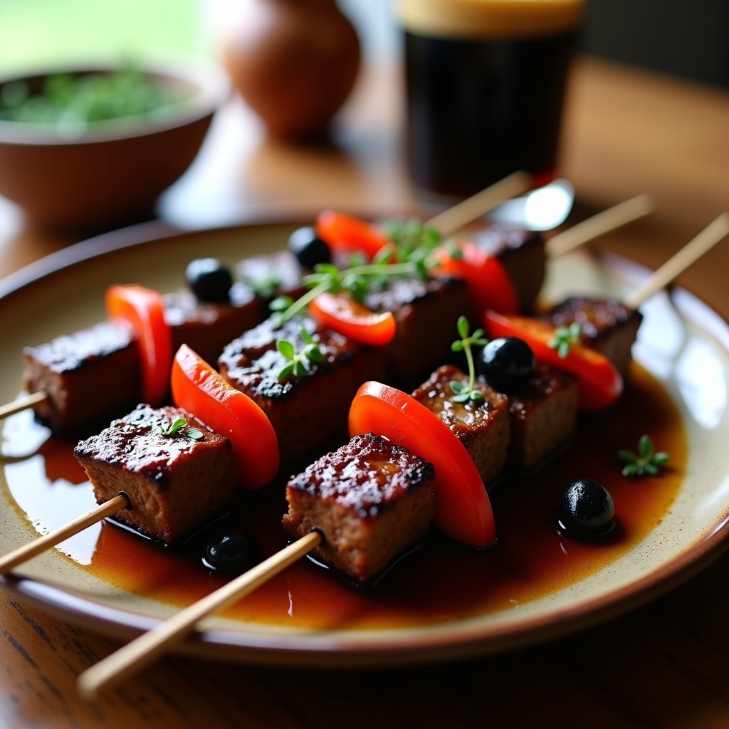 Brochetas de ternera marinada en cerveza negra y miel con cebolla morada, pimiento rojo y tomates cherry, doradas y jugosas, servidas en plato de cerámica blanca con fondo rústico de madera y hierbas frescas. Receta griega en airfryer.