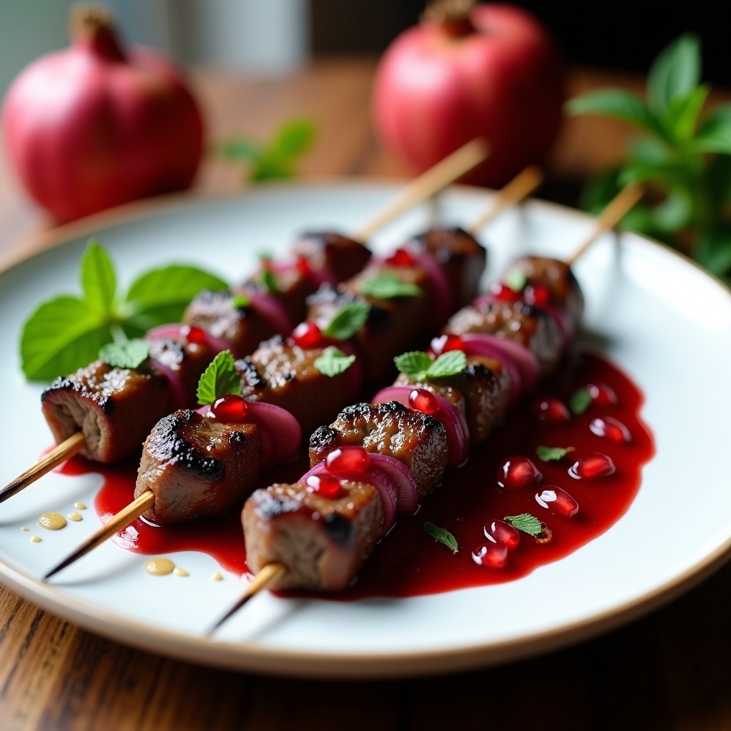 Brochetas de ternera doradas en grill con trozos de cebolla morada, bañadas en salsa de granados y menta, decoradas con semillas de granada y hojas de menta fresca sobre un plato de cerámica blanca.