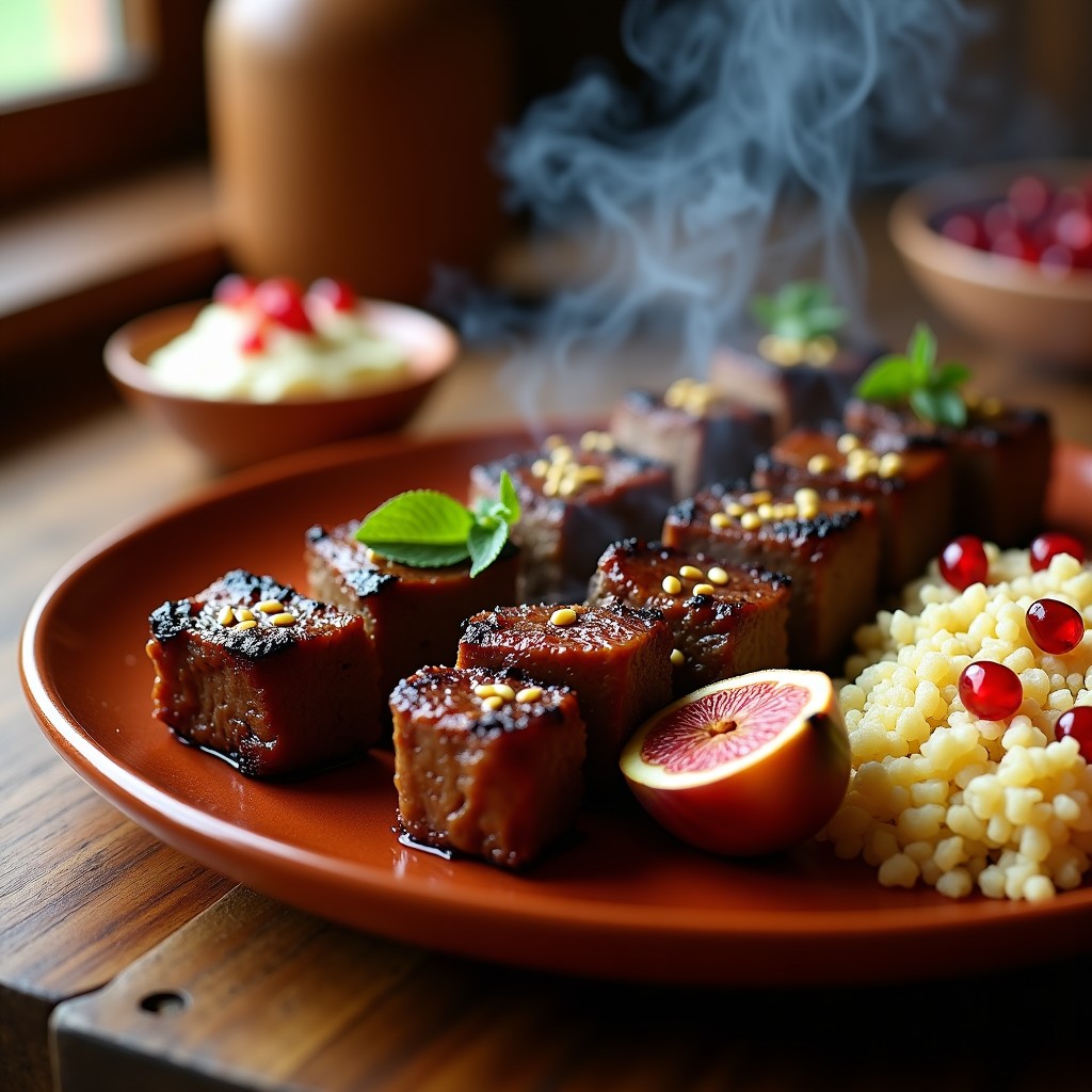 Brochetas de ternera marinada y higos frescos asadas al grill, con semillas de sésamo y hojas de menta, receta marroquí dulce-salada sobre plato de barro rústico.