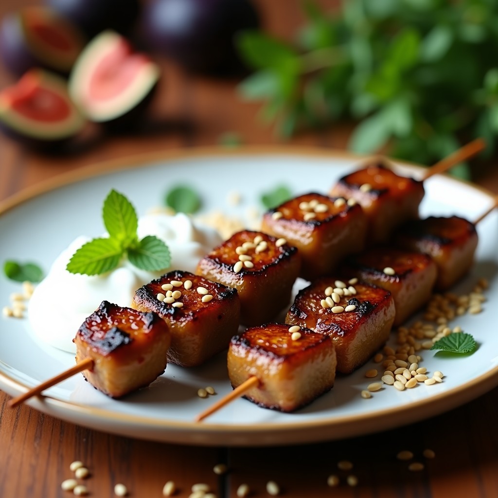 Brochetas de ternera y higos dorados con glaseado brillante de miel y romero, espolvoreadas con sésamo, servidas sobre un plato blanco con yogur griego y menta fresca, fondo borroso de especias árabes.