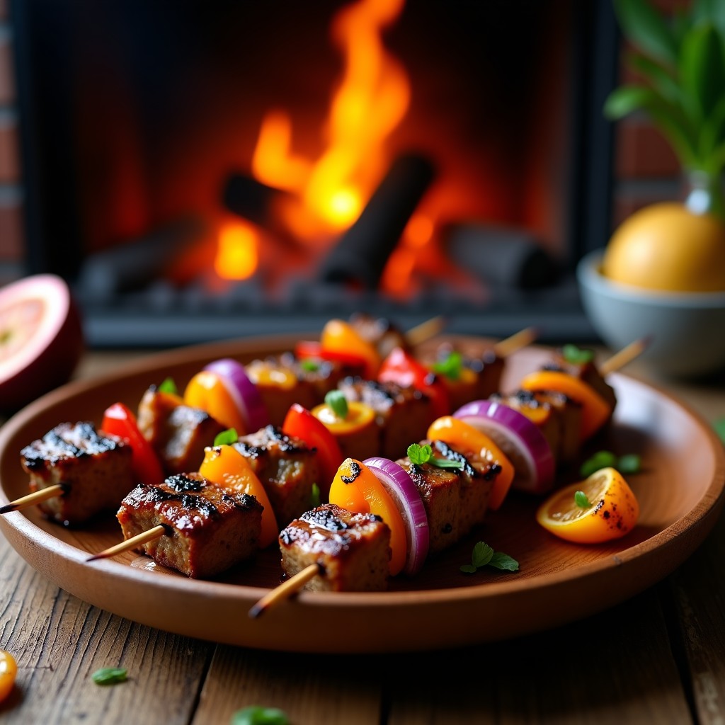 Brochetas doradas al grill con trozos de ternera jugosa, cebolla morada, pimiento rojo y gajos de maracuyá caramelizados, servidas en plato de madera rústico.