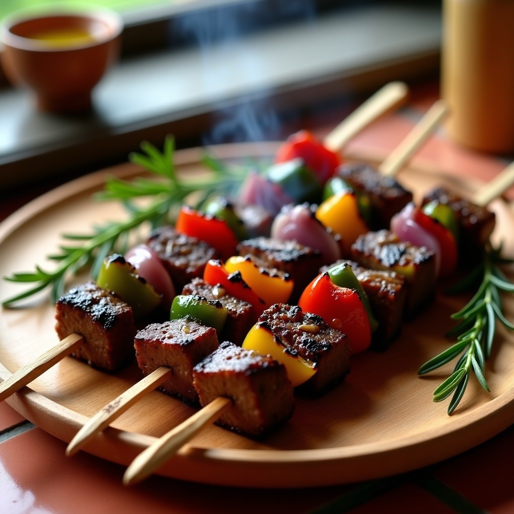Brochetas de ternera marinada en maretición con pimientos padrón asados, servidas en una fuente de madera rústica. La carne está dorada y jugosa, los pimientos presentan un ligero brillo y algunas zonas ligeramente carbonizadas. Fondo borroso con elementos de parrilla y hierbas frescas, estilo cocina española keto.
