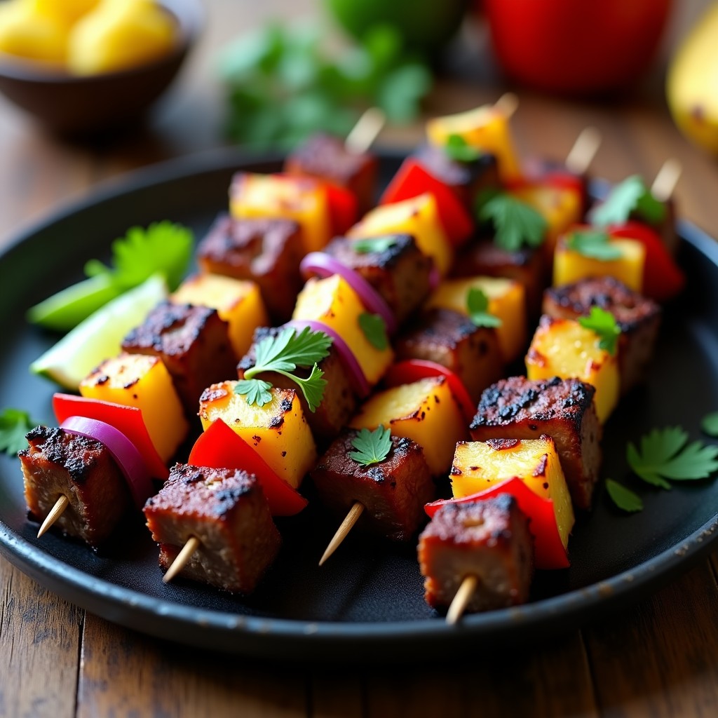 Brochetas de ternera marinada con piña en airfryer, trozos dorados de carne y piña caramelizada alternados con cebolla morada y pimiento rojo, servidos sobre un plato negro con cilantro fresco y rodaja de limón.