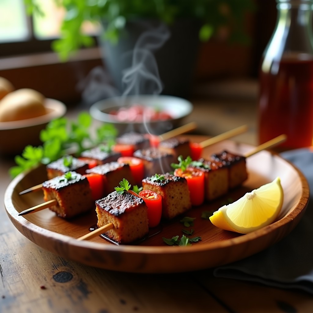 Brochetas de ternera marinadas en yogur y especias, doradas y jugosas, servidas en un plato de madera con rodajas de limón y cilantro fresco.