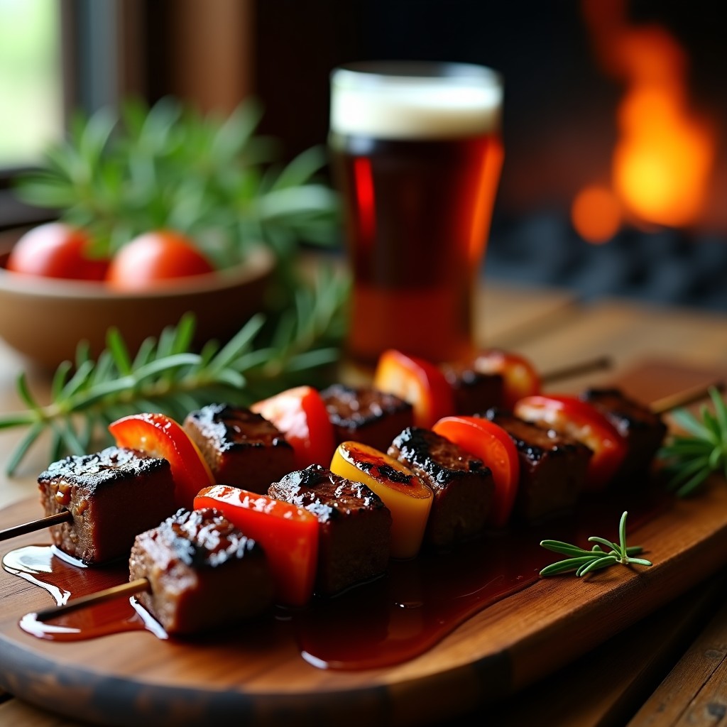 Brochetas de ternera marinadas en cerveza negra asadas a la parrilla, con trozos de cebolla morada y pimiento rojo, servidas en plato rústico de madera.