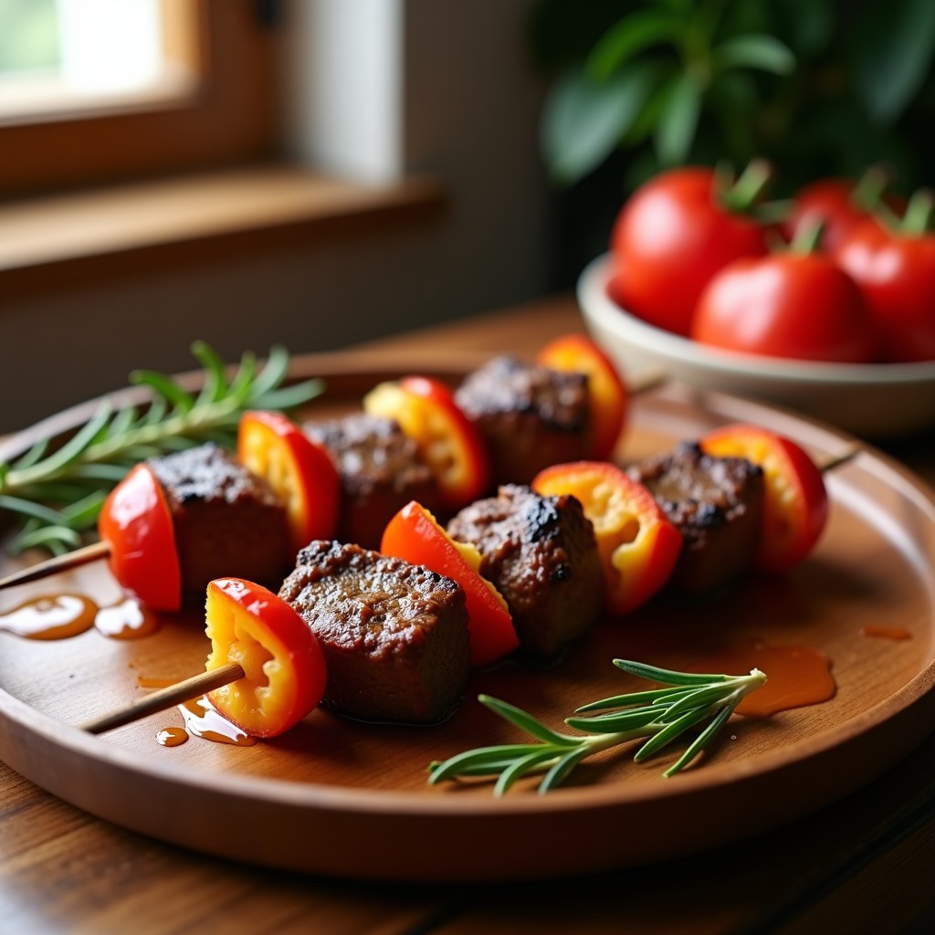 Brochetas de ternera doradas al horno con trozos de pimiento rojo y cebolla morada, bañadas en salsa de miel y romero, servidas en bandeja de madera rústica.