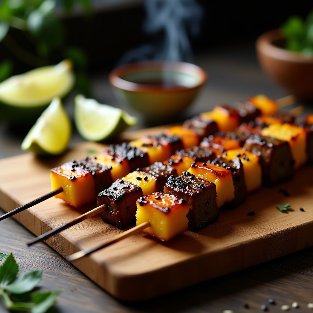 Brochetas de ternera marinada y piña asada a la parrilla, con trozos dorados de carne, piña caramelizada, cebolla morada y pimiento rojo, espolvoreadas con semillas de sésamo negras sobre un plato de madera rústica.