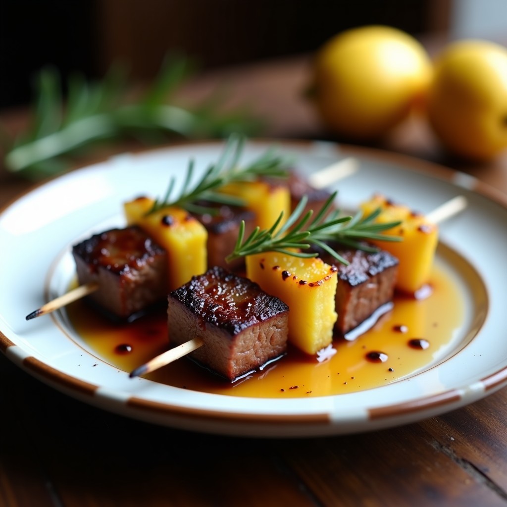 Brochetas de ternera dorada y piña caramelizada en plato de loza blanca, con glaseado brillante de miel y mostaza, decoradas con romero fresco. Receta francesa rápida y elegante.