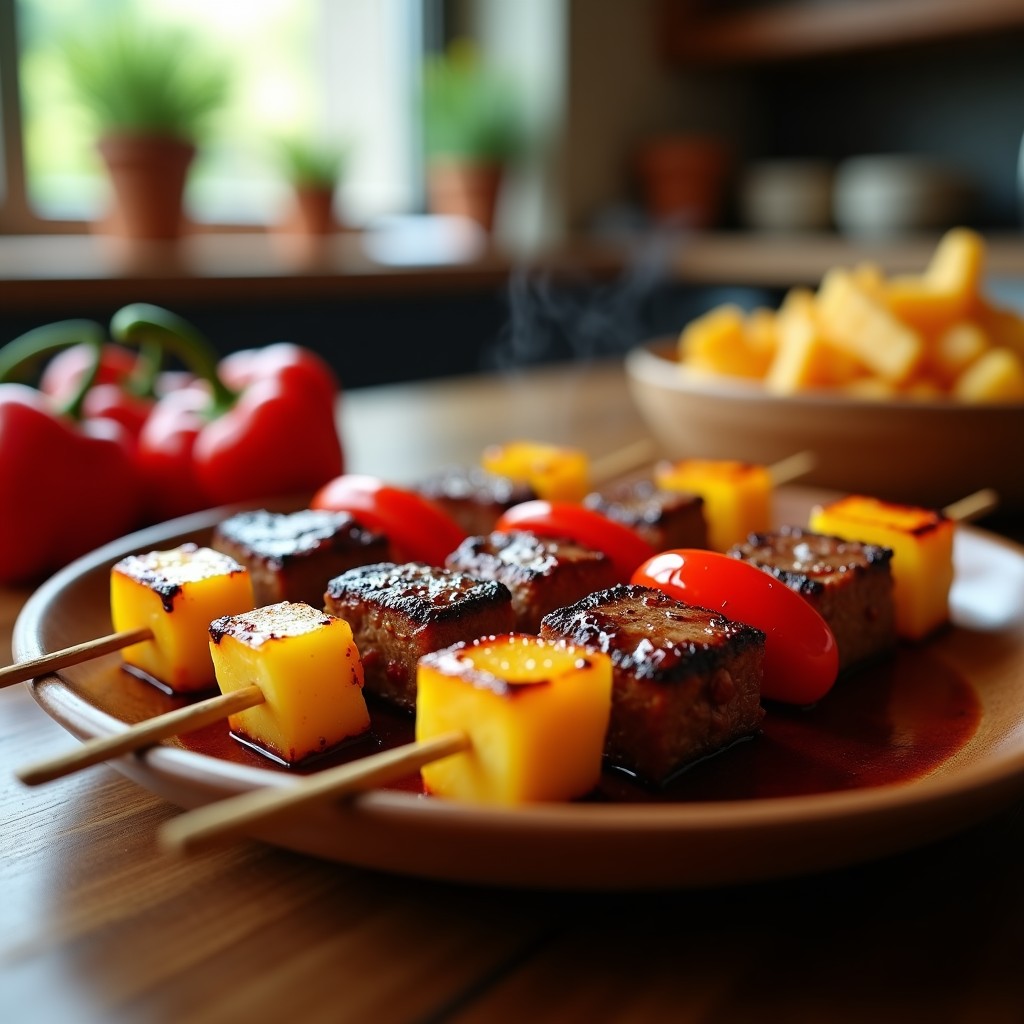 Brochetas de ternera maragrada con piña y pimientos en airfryer, doradas y jugosas, con trozos de piña caramelizada y pimientos asados, servidas en un plato blanco con cilantro fresco y rodajas de limón.