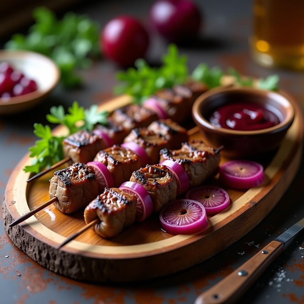 Brochetas de ternera doradas al grill con trozos de cebolla morada, servidas en plato de madera rústico con salsa espesa de ciruelas y mosto a un lado. Fondos de carbón y hierbas frescas decorando la presentación.