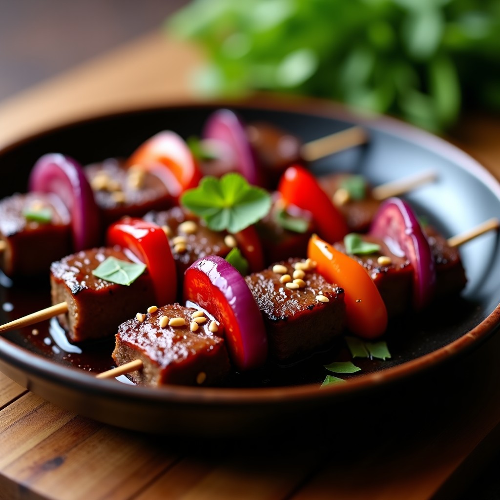 Brochetas de ternera dorada al wok con trozos de cebolla morada y pimiento rojo, bañadas en una salsa brillante de ciruelas, servidas sobre un plato negro con semillas de sésamo espolvoreadas. Receta china con toque dulce.