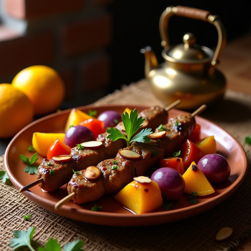 Brochetas de ternera doradas marinadas en salsa de cítricos, con trozos de pimiento rojo y cebolla morada, servidas en un plato de barro con almendras tostadas y cilantro fresco, estilo cocina marroquí.