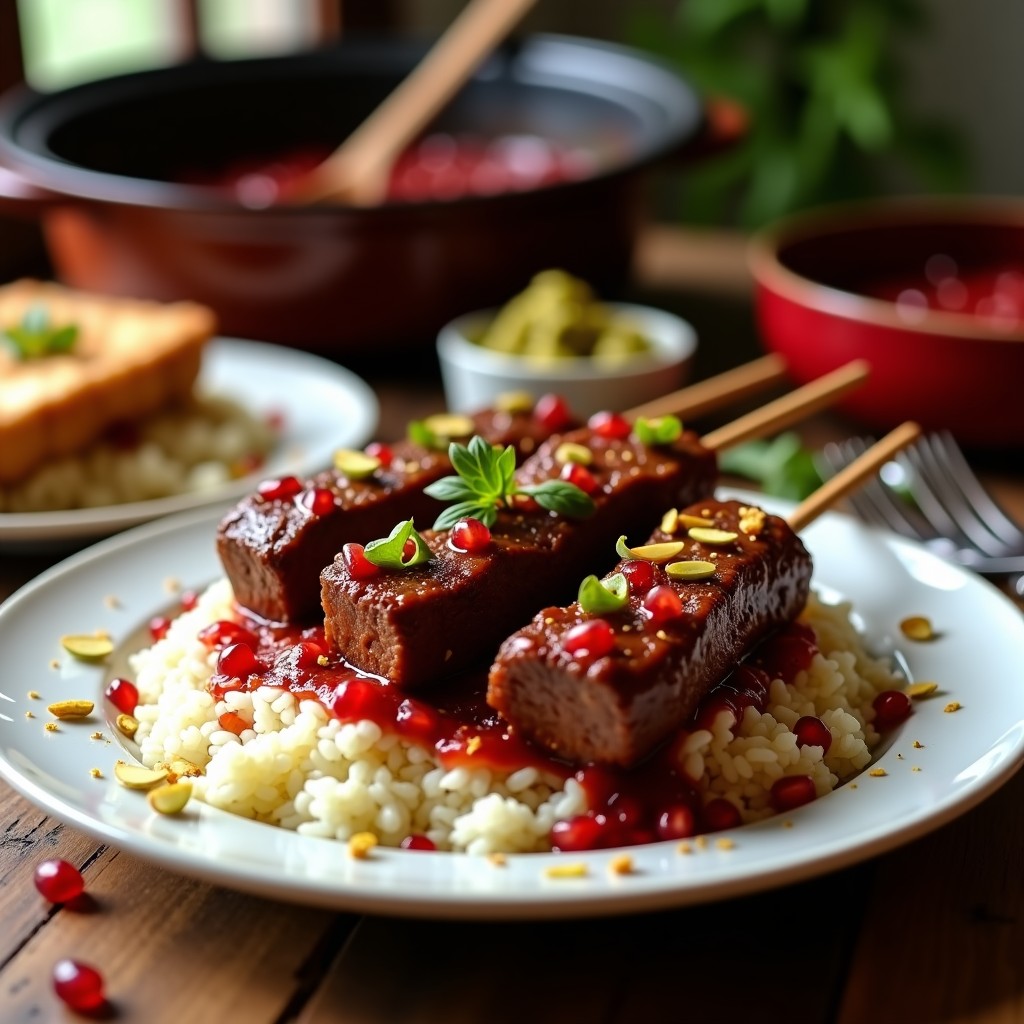 Brochetas de ternera doradas y jugosas servidas en plato de cerámica blanca, bañadas en salsa de granadas espesa y brillante, decoradas con semillas de granada y hojas de menta fresca. Fondo con texturas de especias y azafrán.