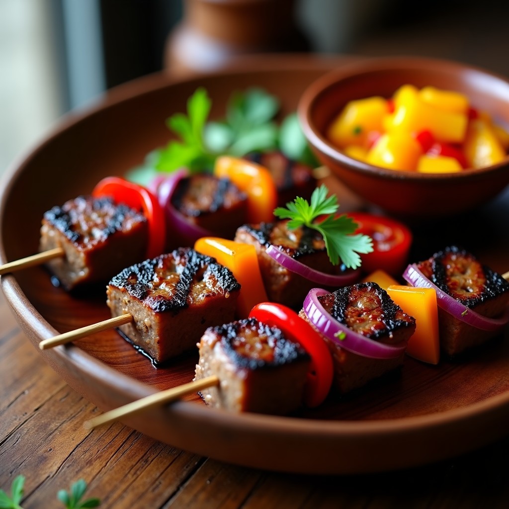 Brochetas de ternera jugosa a la parrilla con trozos de cebolla morada y pimiento rojo, servidas en plato de madera rústico con salsa de mango y chili en un bol aparte. Fondo de asado argentino con brasas.