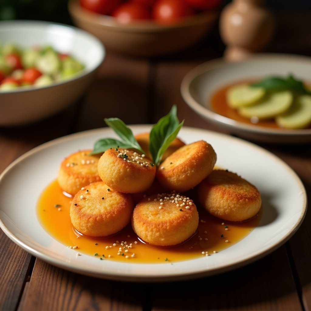 Brochetas de ternera marinada en salsa de sésamo y miel coreana, doradas y glaseadas, con trozos de cebolla morada y pimiento rojo, servidas sobre una plancha humeante con semillas de sésamo espolvoreadas.