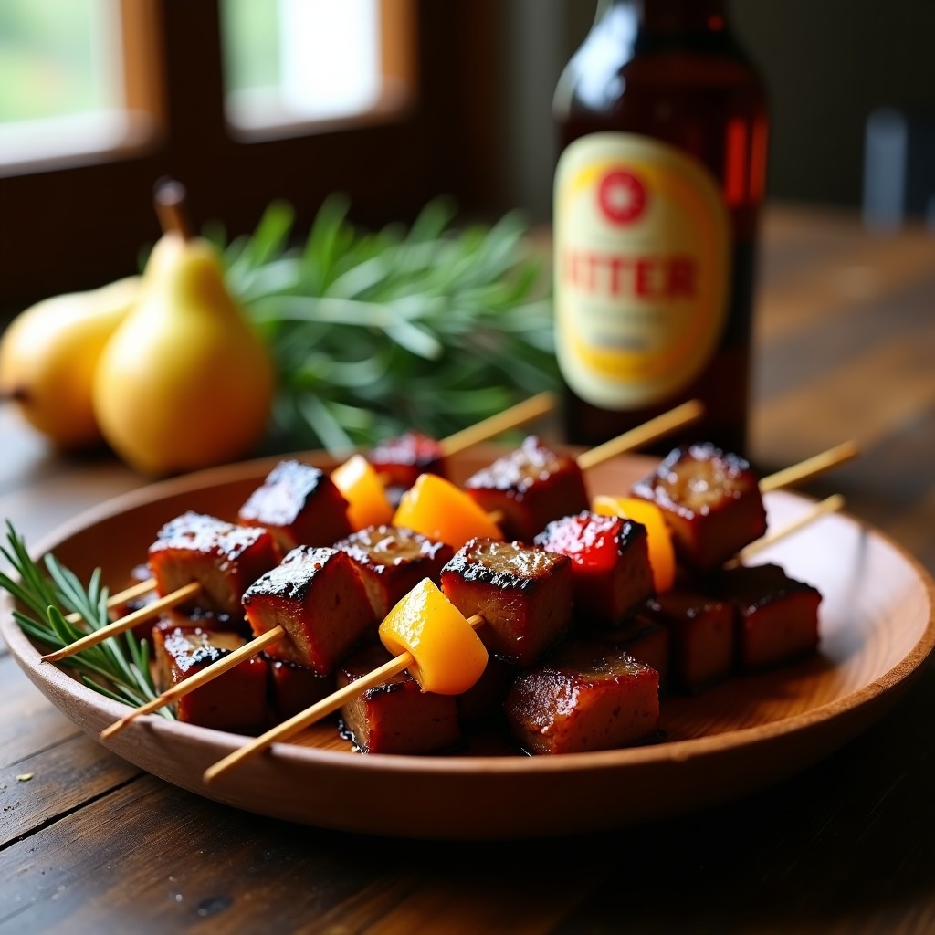 Brochetas de ternera marinado en sidra con trozos de pera asada y cebolla morada, doradas y jugosas, servidas en plato de madera rústico con romero fresco. Receta asturiana en airfryer.