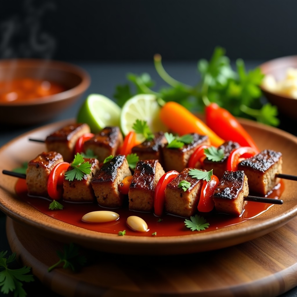Brochetas de ternera doradas al grill con trozos de cebolla morada y pimiento rojo, bañadas en una salsa espesa de tamarindo y cacahuete, servidas en plato de madera rústico con hierbas frescas.